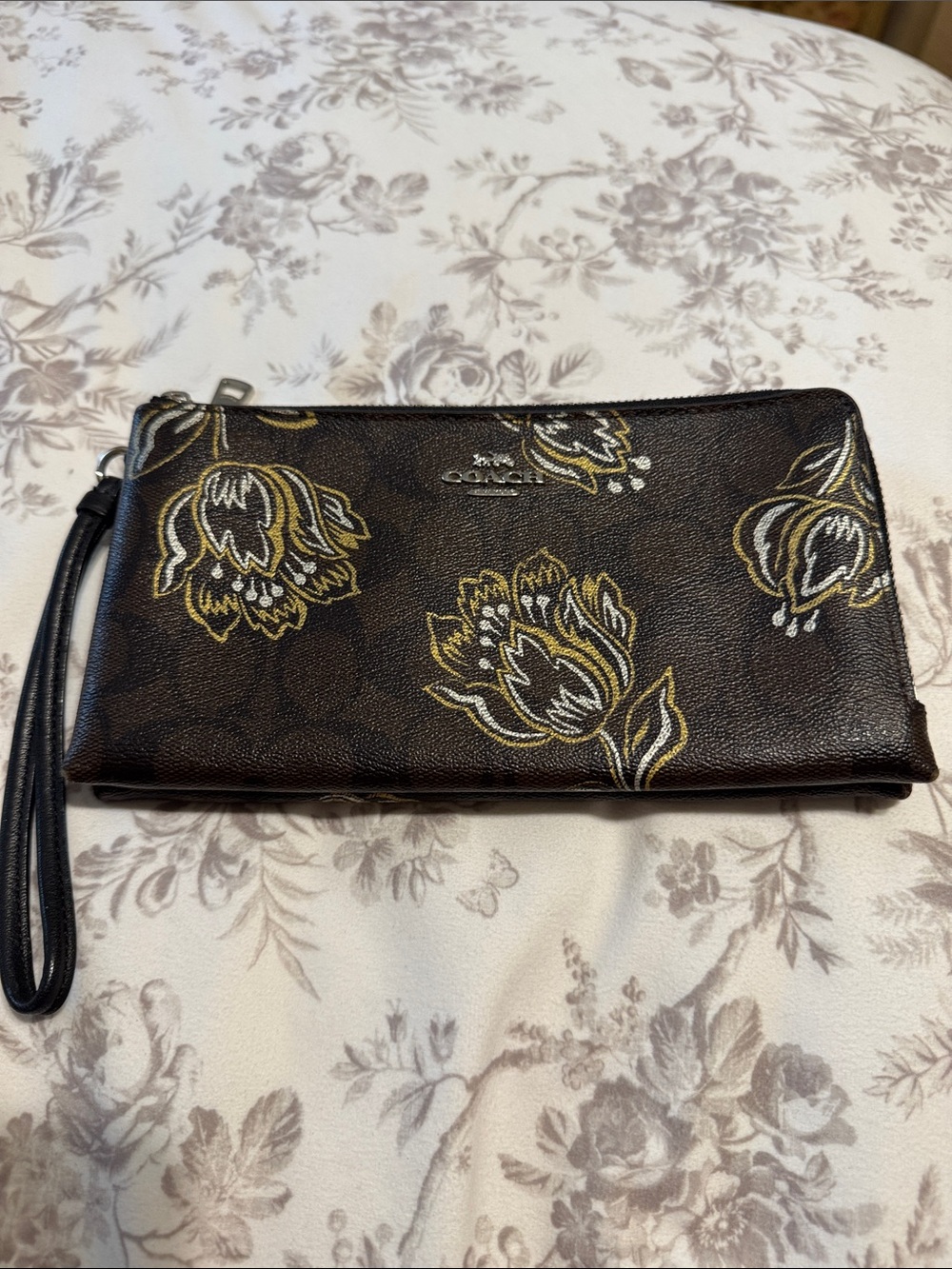 Coach Brown Floral Wristlet with Gold and White Accents